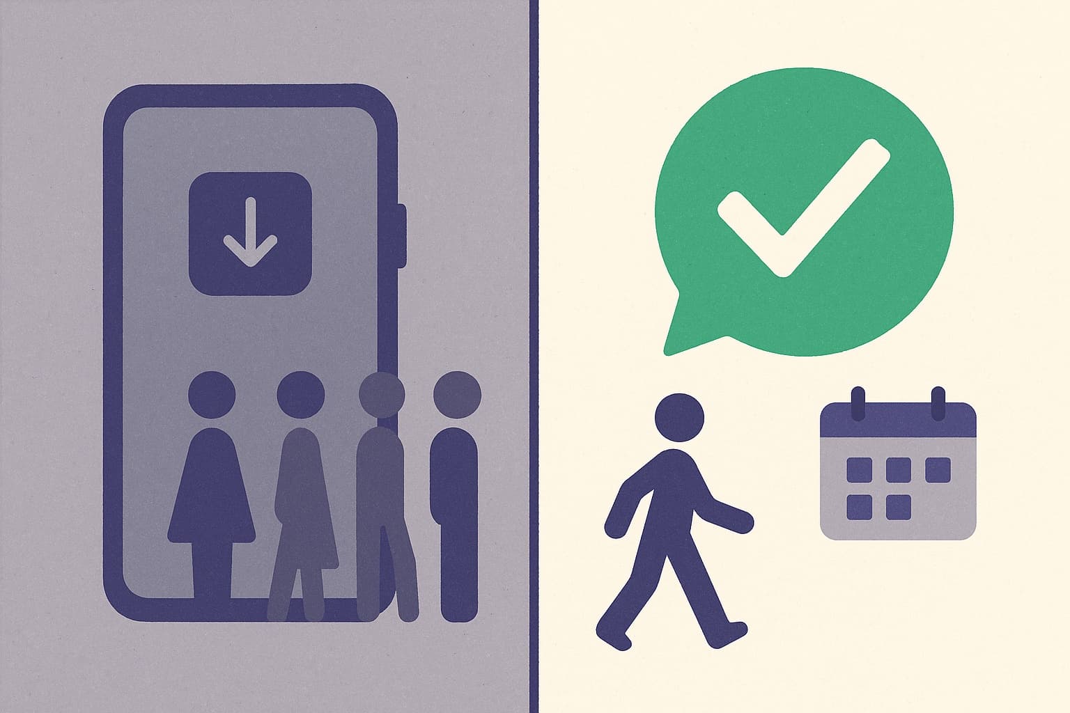 Comparação: à esquerda, um aplicativo que exige download com clientes esperando na fila; à direita, uma conversa de WhatsApp com agendamento confirmado e cliente chegando